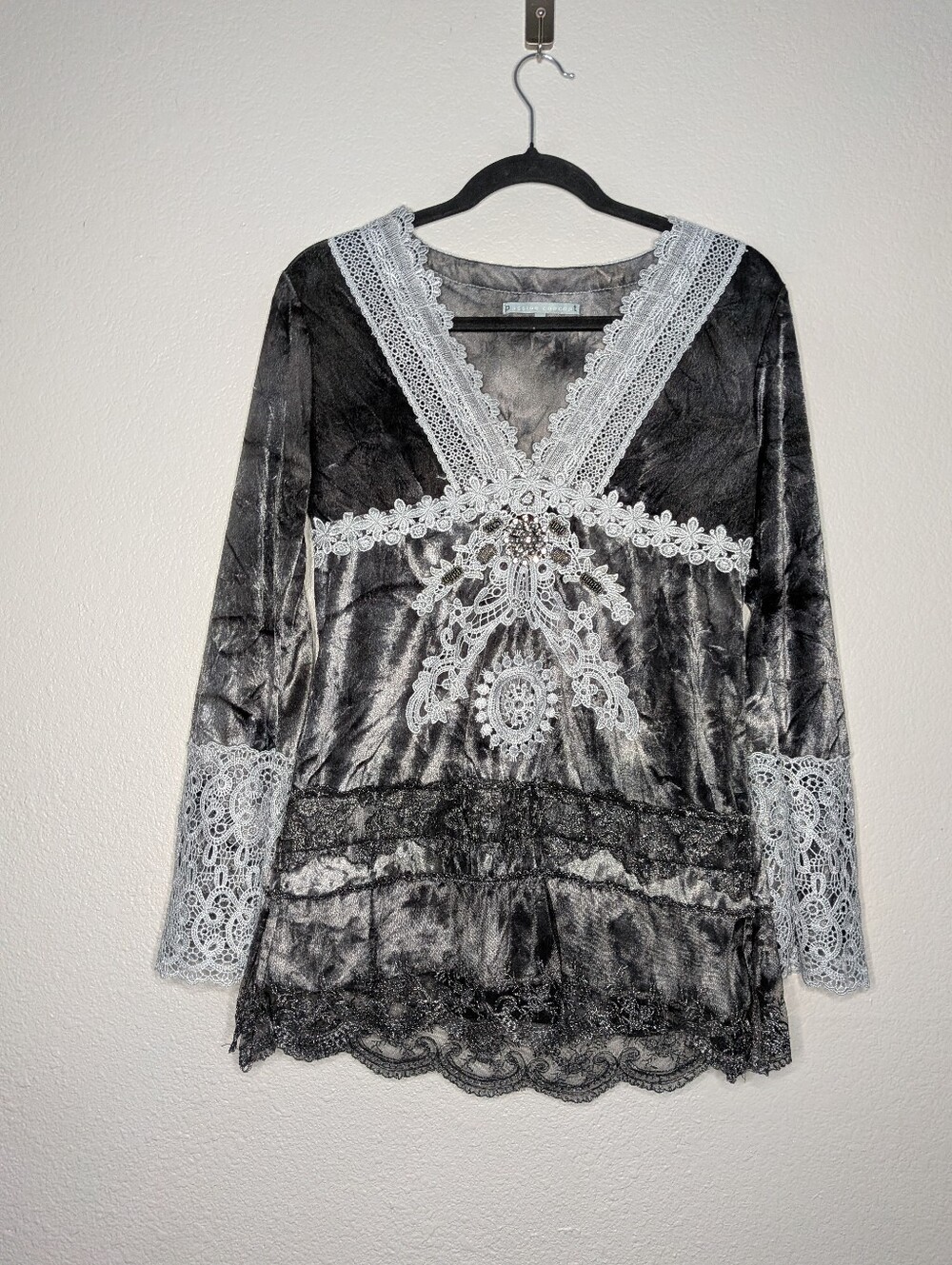 Embellished Lace Trim Vintage Y2K Gray Dark Fairy Grunge Renaissance Tunic Top L